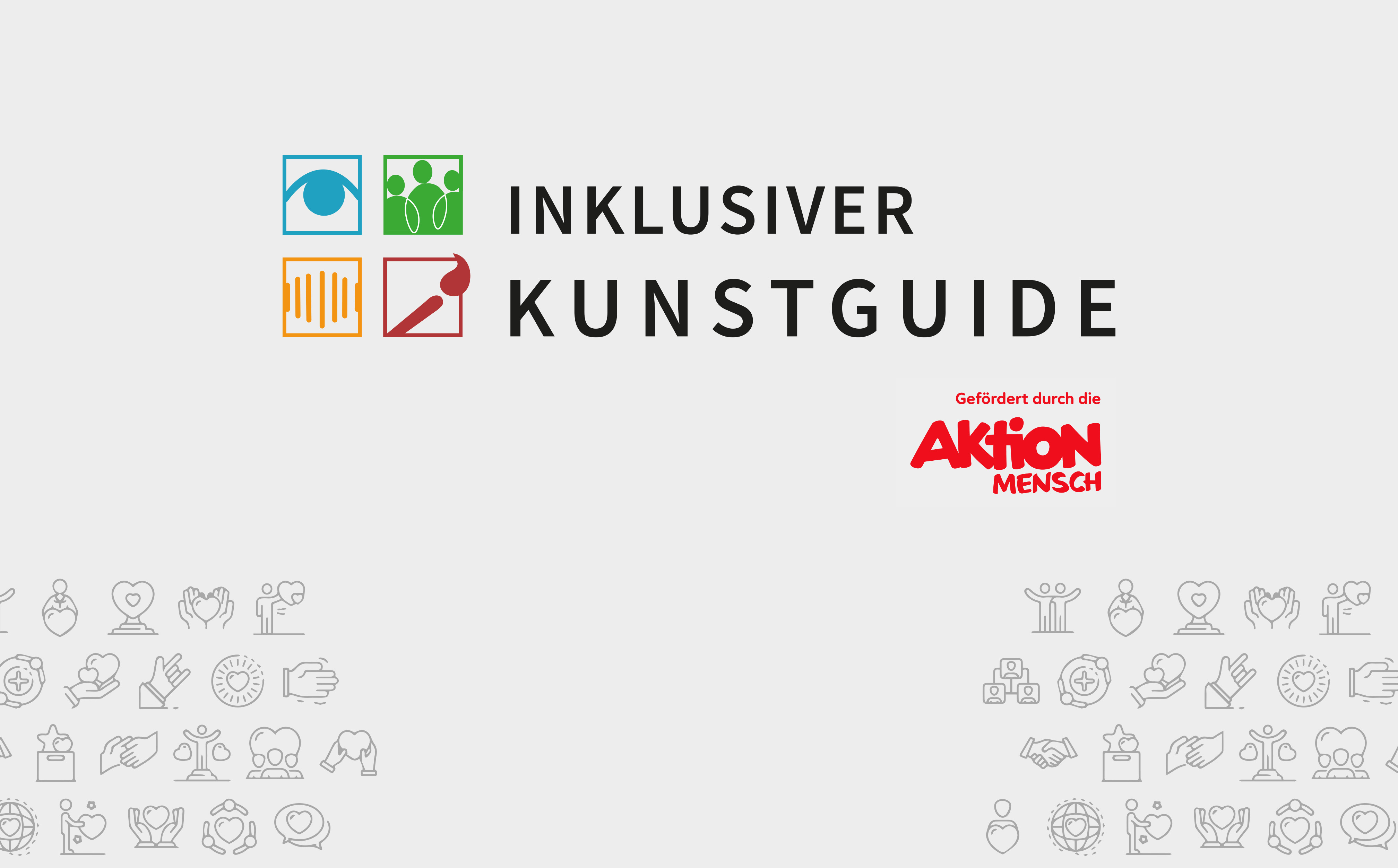 Logo des Projekts „Inklusiver Kunstguide“. Links vier bunte Symbole: ein blaues Auge (Sehbehinderung), grüne Figuren (Inklusion), orange Klanglinien (Hörbehinderung) und ein roter Pinsel (Kunst). Rechts daneben steht in schwarzer Schrift: „Inklusiver Kun