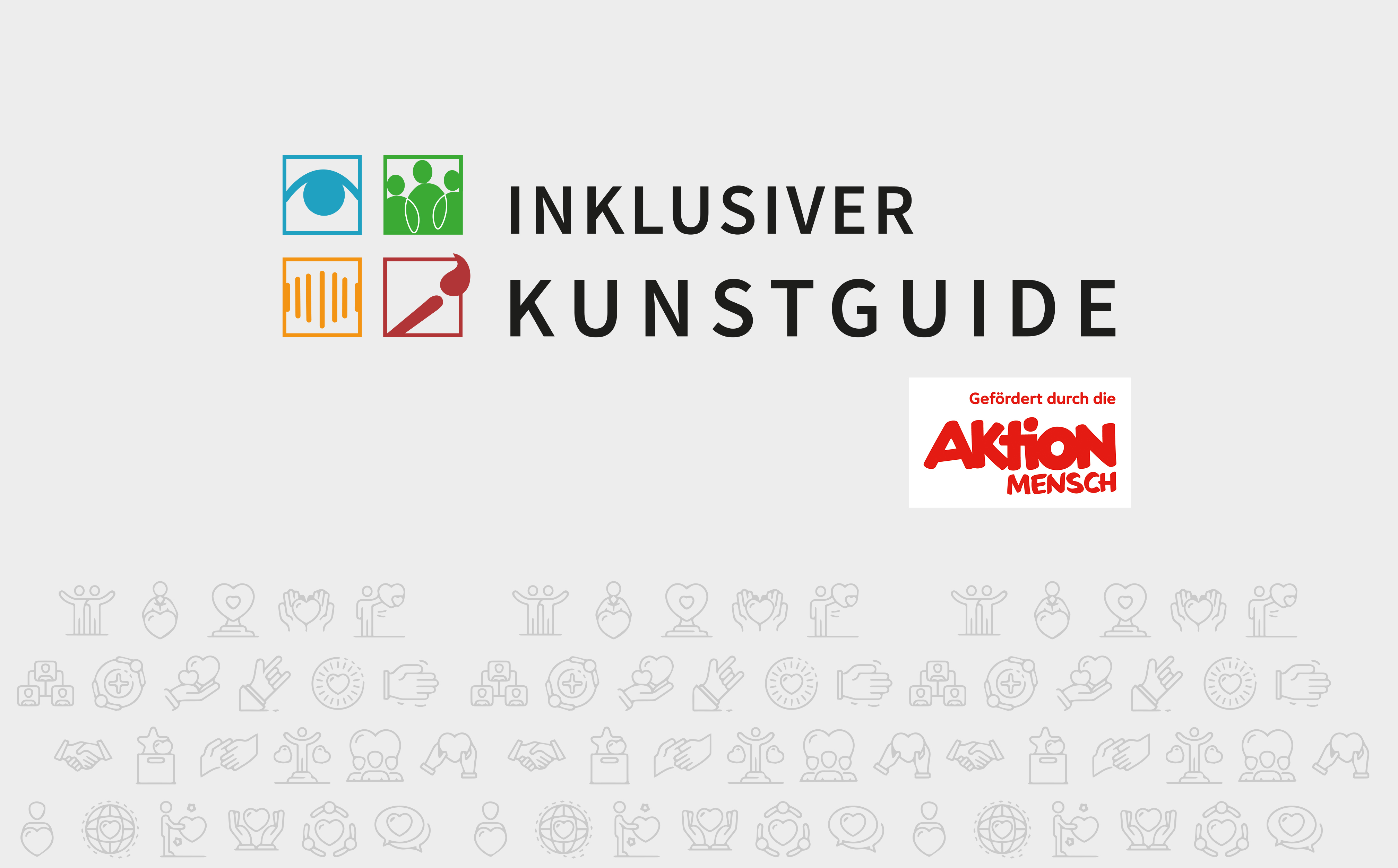 Logo des Projekts „Inklusiver Kunstguide“. Links vier bunte Symbole: ein blaues Auge (Sehbehinderung), grüne Figuren (Inklusion), orange Klanglinien (Hörbehinderung) und ein roter Pinsel (Kunst). Rechts daneben steht in schwarzer Schrift: „Inklusiver Kun