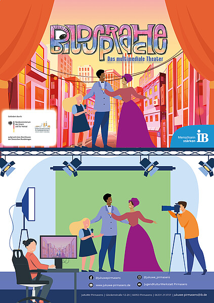 Illustrativer Flyer zum Projekt „Bildsprache – Das multimediale Theater“ der JuKuWe Pirmasens. Oben ist eine bunte Szene dargestellt: Drei Personen (ein Mann, eine Frau und ein Mädchen) stehen auf einer belebten, farbenfrohen Stadtbühne zwischen Vorhängen, die an ein Theater erinnern. Darüber steht der Projekttitel „Bildsprache“ in bunten, verspielten Buchstaben mit dem Untertitel „Das multimediale Theater“. Unten wird gezeigt, wie die Szene technisch umgesetzt wird: Die drei Personen stehen vor einem Greenscreen, eine Person sitzt am Schnittplatz mit Bildschirm, eine weitere Person filmt mit einer Kamera. Beleuchtung und Studiotechnik sind sichtbar. Im unteren Bereich sind Logos, Social-Media-Kanäle und Kontaktdaten der JuKuWe Pirmasens angegeben. Das Projekt wird durch das Bundesministerium des Innern und für Heimat im Rahmen des Programms „Gesellschaftlicher Zusammenhalt“ gefördert.