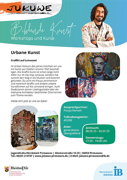 Flyer zum Kunstkurs „Urbane Kunst“ der JuKuWe Pirmasens mit Bildern von Street-Art-Motiven. Workshop vom 08.05. bis 03.07.2025, donnerstags 17:30–19:00 Uhr, Teilnahmegebühr 40 €.